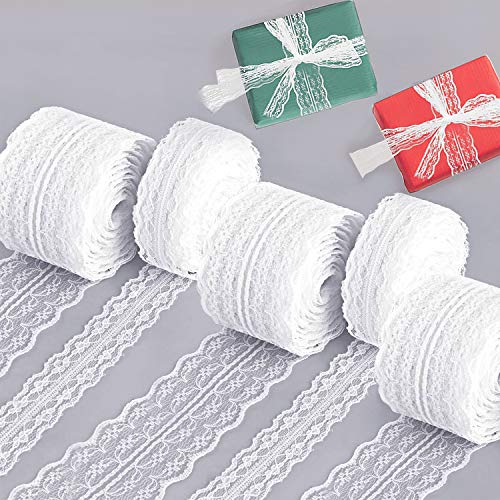 50M Spitzenbordüre Spitzenband Weiß Vintage, Geschenkband Spitze Band Meterware, Weiss Spitzenborte Zum Basteln Nähen Weihnachten Ostern Hochzeit Deko DIY Handwerk Tischdeko (5 Rolls) von ZAWTR