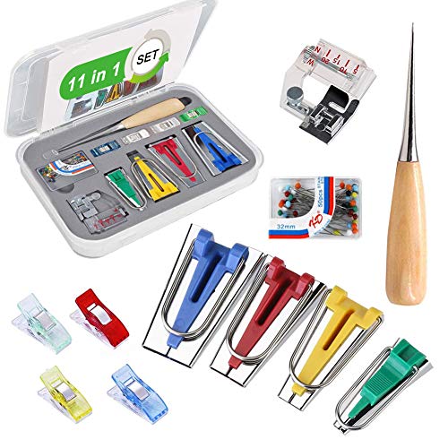 60 Stück Schrägbandformer Set, Schrägbandformer Schrägband Werkzeug mit Ahle,Stoffklammern,Glaskopfnadeln und Nähfuß, Bias Tape Maker Kit Binding Nähen Zubehöre zum Schrägbandformer 6mm/12mm/18mm/25mm von ZAWTR