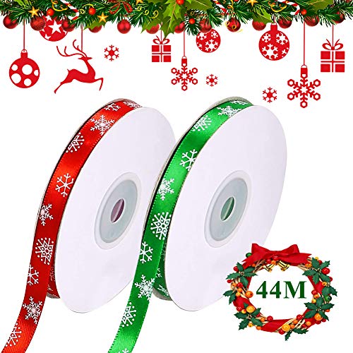 Satinband Weihnachten, 2 Rollen Grün Rot Geschenkband Schleifenband Weihnachten Dekoband 10mm mit Schneeflocke, 44M/50 Yard Weihnachtsbänder Geschenkbänder Ripsband für Basteln Weihnachtsbaumdekor von ZAWTR