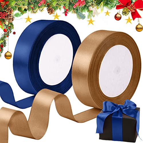 Weihnachten Satinband Geschenkband Breit, Schleifenband Seidenband Stoffband zum Basteln Geschenkverpackung, Gold Dunkelblau Satin Band Dekoband für Weihnachtsdeko Hochzeit Geburtstag Party 25mmx44M von ZAWTR