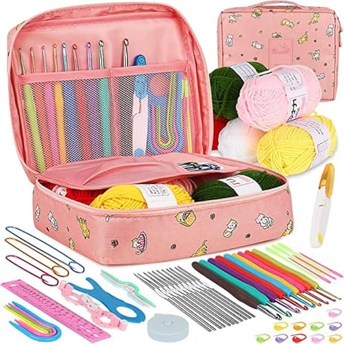 ZAXER Häkelnadel Set Rosa Katze Häkelset für Anfänger, 60 Stück, Bunte Häkelnadeln mit Weichem Griff für Häkelgarn und wolle, 0,6 mm - 6,0 mm Ergonomische Häkelnadeln Set mit Häkeltasche, Zubehör von ZAXER