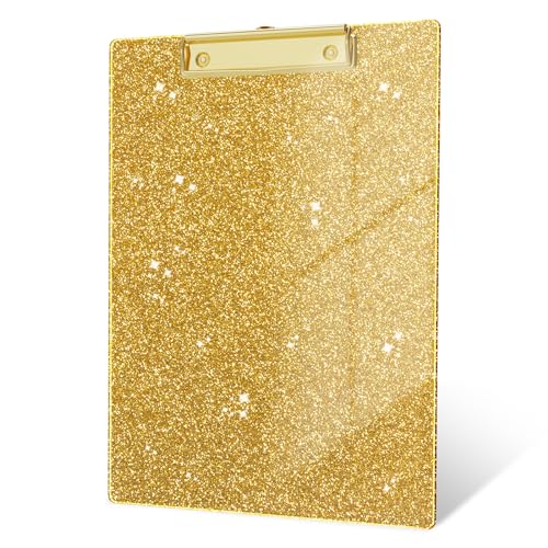 ZAXMEY Acryl-Konfetti-Klemmbretter, glitzerndes Klemmbrett mit flachem Goldclip, entworfen für Klassenzimmer, Schule und Büro, A4, Briefgröße 22,9 x 31,8 cm, Gold von ZAXMEY