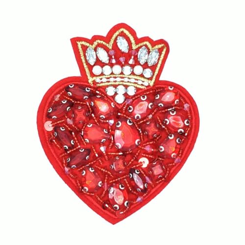 ZAZUZU 12 x 8 cm 2 Stück rote Krone Herz Strass-Applikationen zum Aufbügeln für Kleidung Pailletten-Patches für Jeansjacken Aufnäher mit Perlenstickerei von ZAZUZU