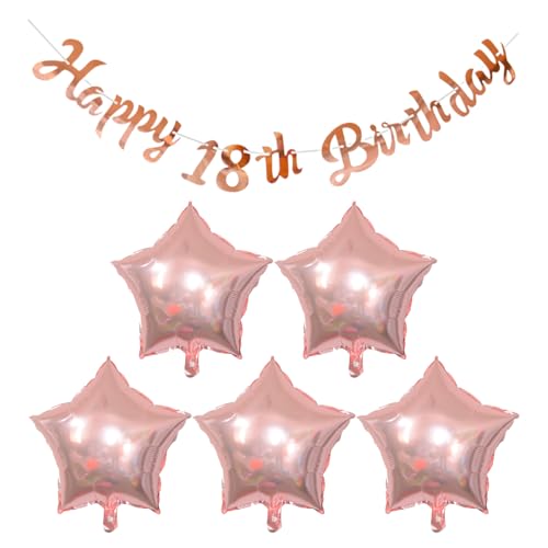 1 Ziehkunst Zum 18. Geburtstag, 5 Fünfzackige Sternballons, Happy Birthday-Banner, Geburtstagsparty-Flagge, Roségold-Banner, Glänzende Hängefahne von ZBHDEYG