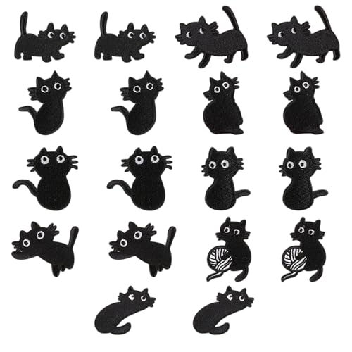 18 Stück bestickte Aufnäher, schwarze Katze zum Aufbügeln, besticktes Aufnäher-Zubehör, bestickte Katzen-Aufnäher, Cartoon-Textil-Aufnäher (schwarz) von ZBHDEYG