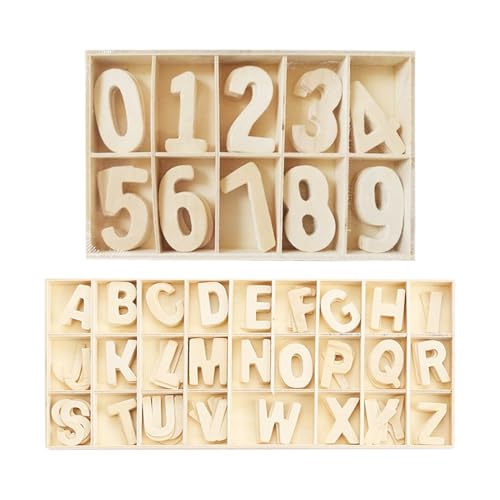 2-teiliges alphanumerisches Set mit Tablett-Holznummern, Box-Großbuchstaben, Zahlenalphabet-Lernwerkzeuge zum Lernen, Dekorieren, Basteln von ZBHDEYG