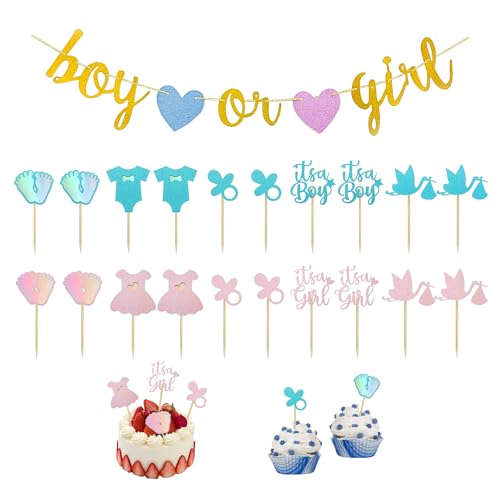 20 Babyparty Tortendeko Glitzerstecker, 1 Geschlechtsflagge, Junge und Mädchen Tortendeko Zubehör, Tortendeko die das Geschlecht verrät von ZBHDEYG