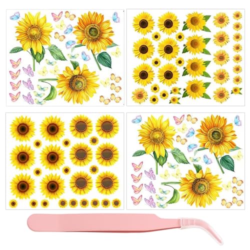 4 Blatt Sonnenblumenaufkleber, 1 Stück Pinzette, Blumenaufkleber, Mülleimeraufkleber, Dekorative Aufkleber, Scrapbooking-Foto-Blumenaufkleber, DIY-Dekorationshandwerk von ZBHDEYG