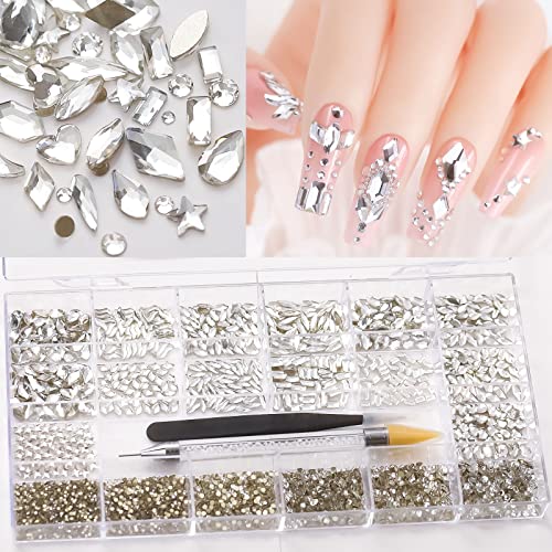 Weiße Strasssteine für Nägel, runde Perlen, flache Rückseite, Glassteine, verschiedene Formen, 3D-Kristalle, 5500 Stück von ZBIianxer