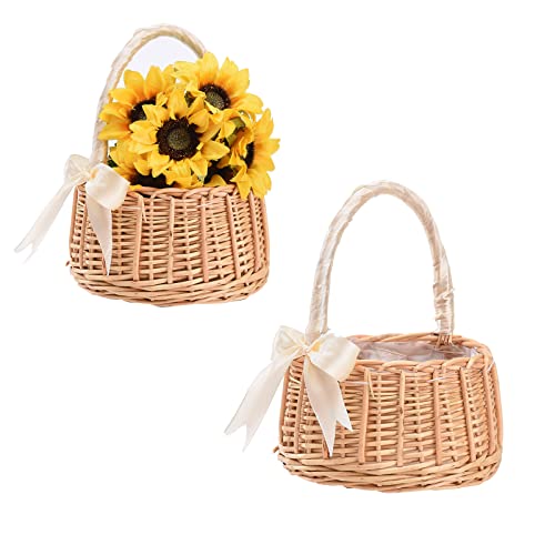 KEEBGYY 2 Stück handgeflochtene Blumenkörbe, Rattan-Blumenkorb, Hochzeits-Blumenmädchen-Körbe mit Griffen und Band, Blumenmädchen-Handkorb für Hochzeit, Ostern, Party-Dekoration von Keebgyy