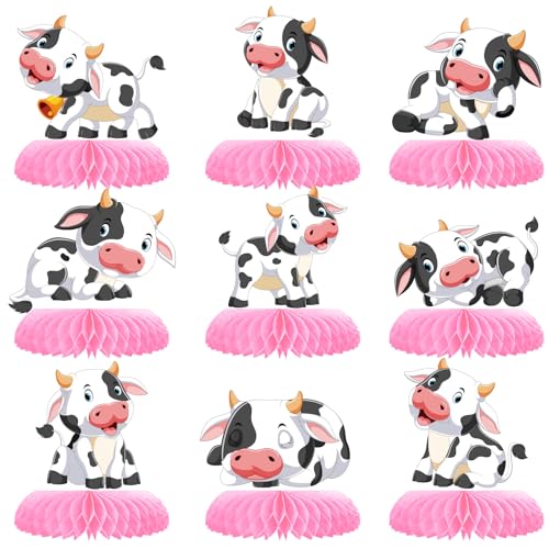 9 Stück rosa Kuh Wabenaufsätze Bauernhoftiere Kuh Tischaufsatz Wabendekoration rosa Kuh Themenparty Wabenmuster 3D Kuh Druck Tischdekoration für Mädchen Party Babyparty Western Cowboy Party Supplies von ZCPTZ