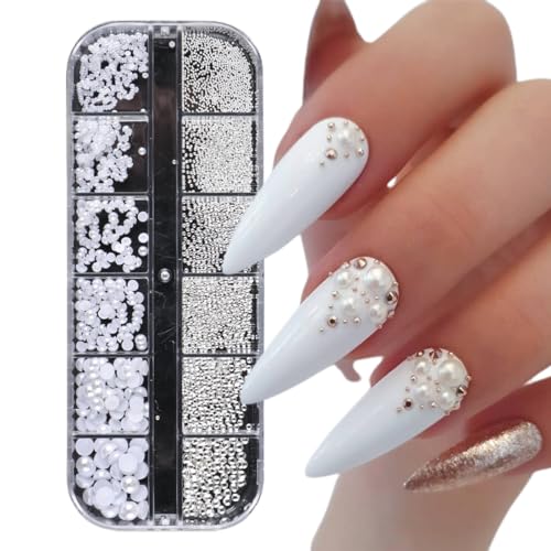 ZCSOWE Acryl-Nagelschmuckdesign 1 Schachtel/12 Fächer mit Nagelstrass Nail Art Strasssteine,Weiße Perlen Für Nägel Halbrunde Perlenkugeln Nail Charms Klein perlen für nägel Nails Charms Nail gems von ZCSOWE