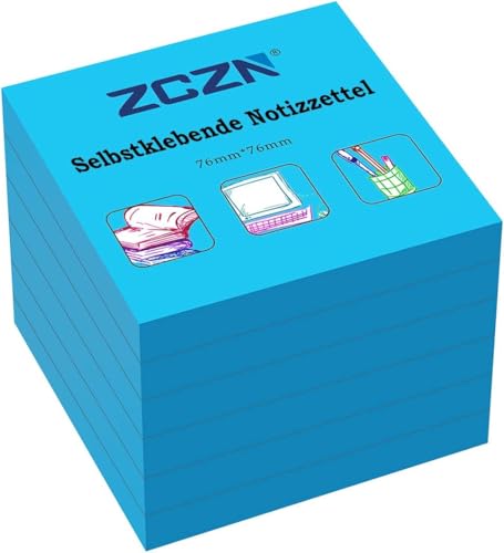 ZCZN Haftnotiz Sticky Notes Selbstklebende Haftnotizzettel Notizzettel Klebezettel 6 Blöcke, 80 Blatt, 76 x 76 mm, blau von ZCZN