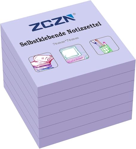 ZCZN Haftnotiz Sticky Notes Selbstklebende Haftnotizzettel Notizzettel Klebezettel 6 Blöcke, 80 Blatt, 76 x 76 mm, hellviolett von ZCZN