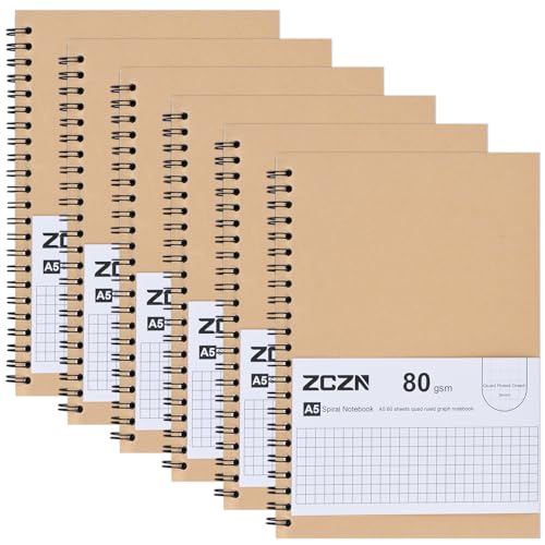 ZCZN Notizbuch A5 kariert, 6 Stück Spirale Notizblock, 60 Blatt, Heft für Büro und Schule von ZCZN