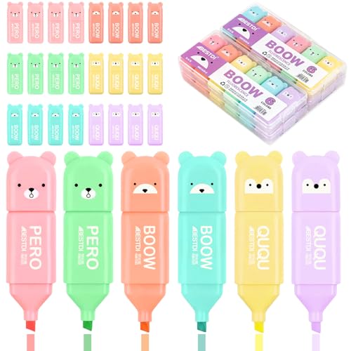 ZDNT 24 Stück Mini Textmarker Pastell Textmarker Set Cartoon Bär Lustige Textmarker Kids Marker Süße Stifte Leuchtmarker Lustige Leuchtmarker Geschenk für Kinder Erwachsene Schulsachen Bürobedaf von ZDNT