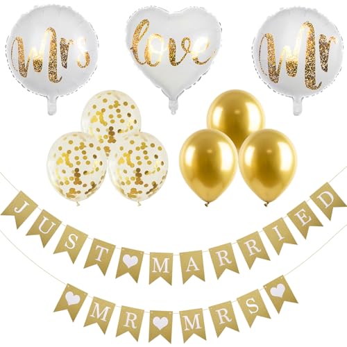 ZDNT Hochzeitsdeko Set Just Married Girlande Banner Deko Hochzeit Girlande Deko Just Married Buchstaben Hochzeit Holz mit Folienballon Tischdeko Vintage für Rustikal Party und Brautdusche von ZDNT