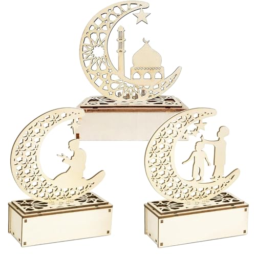 ZDQC 3 Stück Ramadan Mubarak Dekoration Holz,Eid Mubarak Tischdekoration,Ramadan Dekoration Holz,Ramadan Deko Holz,Ramadan Bastelpackungen,Eid DIY Dekorationen mit Mond Stern (B) von ZDQC