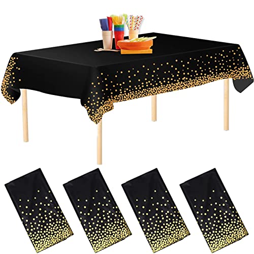 4 Stück Einweg Wasserdicht Tischdecke Schwarz Gold Party Dot Konfetti Tischdecken Rechteckige Kunststoff-Tischdecken (137 x 274 cm) von ZEACCT