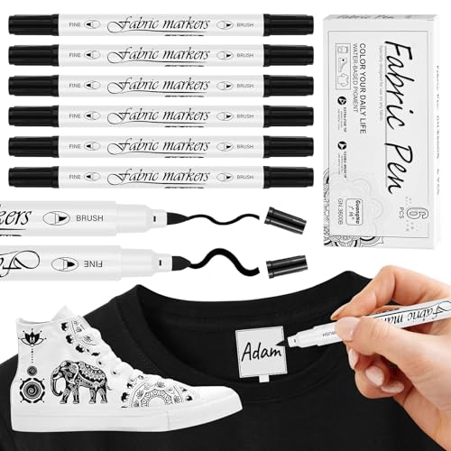 Schwarz Textilstifte Waschmaschinenfest 6 Stk, Stoffmalstifte Waschfest Textilmarker Waschmaschinenfest, Stoff Stifte Waschfest Schwarz Dual Tip Permanent Marker für Hut T-Shirts Taschen zum Bemalen von ZEACKUQ