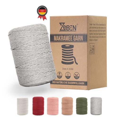 ZEBEN® Makramee Garn 3mm x 300M, Baumwollgarn Baumwollkordel Baumwollseil Baumwollschnur, Macrame Garn für DIY Handwerk Basteln Stricken Boho Deko Wandbehang Dekoration Wohnzimmer Balkon Schlafzimmer von ZEBEN