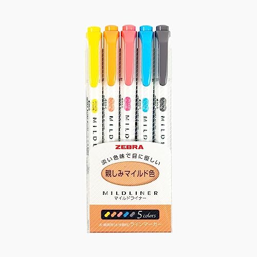 5er-Pack Zebra Highlighter Mildliner Marker mit Doppelspitze in sanften Farben, WKT7-N-5C von Zebra