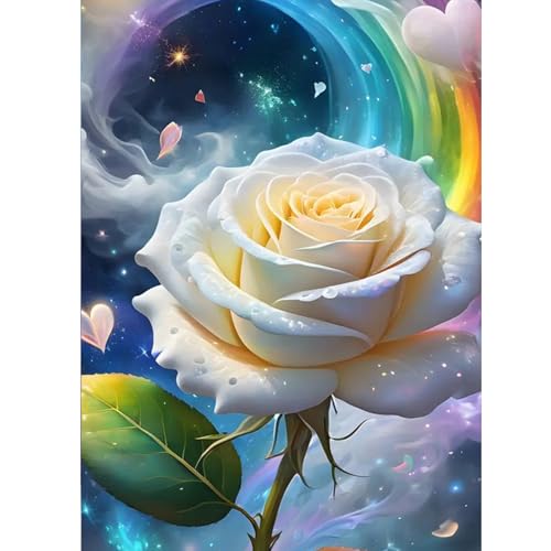 ZEELANNA 30x40cm 5D Diamond Painting Weiße Rose, DIY Malerei Diamant Regenbogen, Diamond Painting Erwachsene, Diamant Stickerei Bild Handwerk Haus Schlafzimmer Wohnzimmer Wanddekoration von ZEELANNA