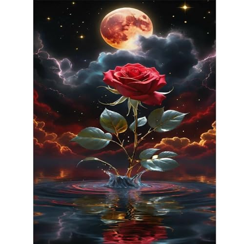 ZEELANNA Diamond Painting Blume Diamond Painting Erwachsene Diamond Painting Bilder Rose & Mond Diamond Painting Set Diamant Painting Bilder Erwachsene für Home Wand Decoration, 30x40cm von ZEELANNA