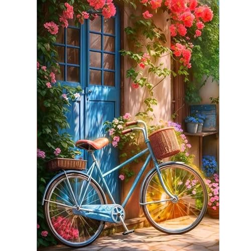 ZEELANNA Diamond Painting Fahrrad vor der Tür Diamond Painting Erwachsene Diamond Painting Bilder Blumen Diamond Painting Set Diamant Painting Bilder Erwachsene für Home Wand Decoration, 30x40cm von ZEELANNA