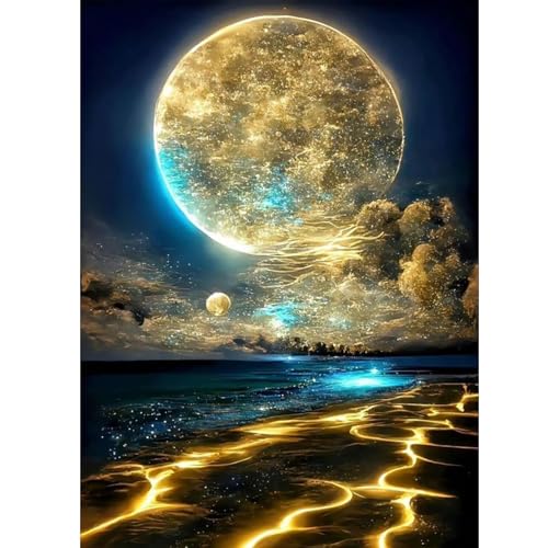 ZEELANNA Diamond Painting Goldener Mond, 5D Diamant Painting Kits Bilder für Erwachsene, Diamant Painting Bilder, DIY Diamant Malerei Diamond Painting Bilder Set 30x40cm für Wanddekor Meer von ZEELANNA