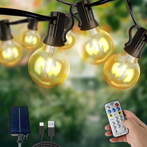 ZEEQII LED Lichterkette Außen Solar, 18M Dimmbar Solar Lichterkette Aussen mit 30+2 G40 Glühbirnen,USB/Solar Lademethode,8 Modes Outdoor Lichterkette mit Fernbedienung für Partyzelt,Pergola,Garten von ZEEQII