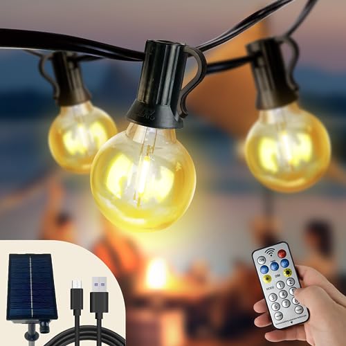 ZEEQII Solar Lichterkette Aussen,6M/9+1 G40 Glühbirnen LED Lichterkette Außen Solar mit Fernbedienung,USB/Solar Lademethode,8 Modes Dimmbar Lichterkette Outdoor für Partyzelt,Pergola,Terrasse,Garten von ZEEQII