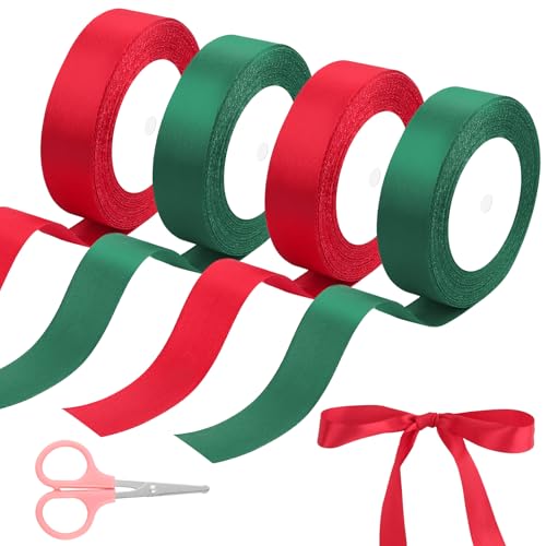 4 Rollen Schleifenband Weihnachten, 2.5cm*22m Geschenkband mit Schere, Rot/Grünes Weihnachtsband, Weihnachten Geschenkband für Bastelarbeiten, Dekorationen von ZEFAN