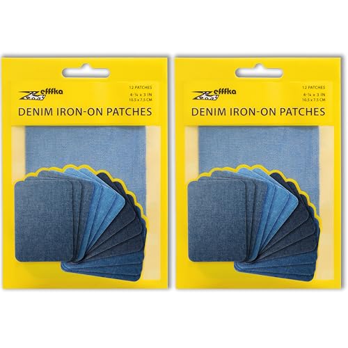 ZEFFFKA 2PACK Jean-Flicken zum Aufbügeln für Innen und Außen Stärkster Kleber 100% Baumwolle Verschiedene Blautöne Reparatur-Dekorationsset 12 Stück Größe 3" x 4-1/4" (7,5 cm x 10,5 cm) von ZEFFFKA