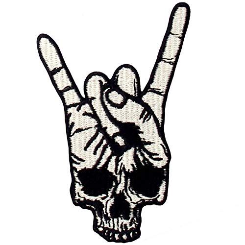 Aufnäher, bestickt, Design: Schädel Hand Symbol Fingerzeichen, Rock'n'Roll, zum Aufbügeln oder Aufnähen von ZEGIN