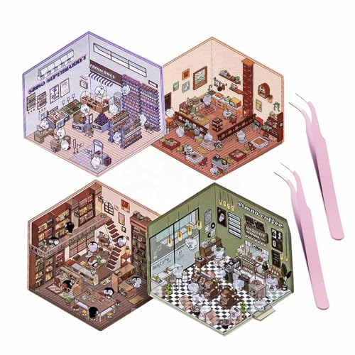 ZEID 4 Sets DIY 3D House Stickers + 2Pcs Tweezers, DIY Scene Stickers Your Own Supermarket|Coffee Shop|Restaurant|Bookstore, Fun DIY Stickers Scene, Fun DIY Stacking Scene Stickers, Style A von ZEID