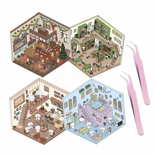 ZEID 4 Sets DIY 3D House Stickers + 2Pcs Tweezers, DIY Scene Stickers Your Own Supermarket|Coffee Shop|Restaurant|Bookstore, Fun DIY Stickers Scene, Fun DIY Stacking Scene Stickers, Style B von ZEID