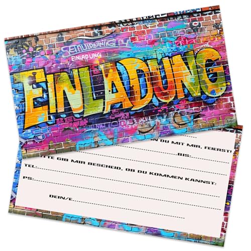 ZELAITE 12x Graffiti EINLADUNGSKARTEN KINDERGEBURTSTAG Junge Mädchen, Stylishe Einladung, Graffiti Einladungskarten Kindergeburtstag (G) von ZELAITE