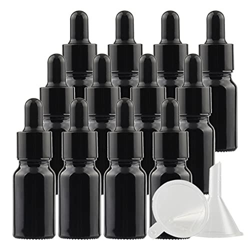 ZEOABSY 12 Stück 10ml Glänz schwarz Pipettenflasche Tropfpipetten mit Schwarz Pipettenring für Ätherisches Öl,Aromatherapie, Massage, Duftöl Probe, chemische Flüssigkeit + 3x Trichter von ZEOABSY