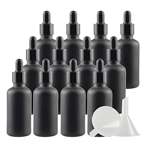 ZEOABSY 12 Stück 50ml Matt schwarz Pipettenflasche Tropfpipetten mit Schwarz Pipettenring für Ätherisches Öl,Aromatherapie, Massage, Duftöl Probe,Make-up,chemische Flüssigkeit + 3x Trichter von ZEOABSY