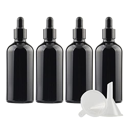 ZEOABSY 4 Stück 100ml Glänz schwarz Pipettenflasche Tropfpipetten mit Schwarz Pipettenring für Ätherisches Öl,Aromatherapie, Massage, Duftöl Probe, chemische Flüssigkeit + 1x Trichter von ZEOABSY