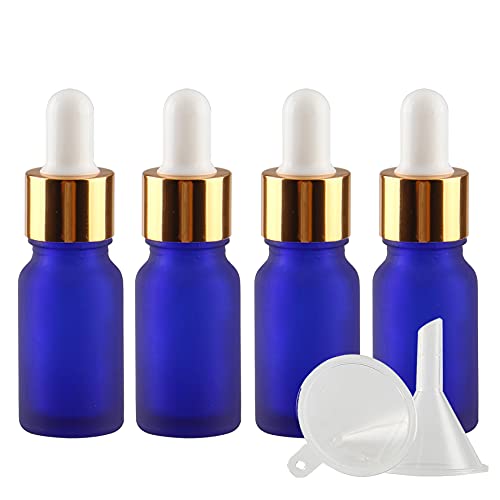 ZEOABSY 4 Stück 10ml Matt Blau Pipettenflasche Tropfpipetten mit Gold Pipettenring für Ätherisches Öl,Aromatherapie, Massage, Duftöl Probe,Make-up + 1x Trichter von ZEOABSY