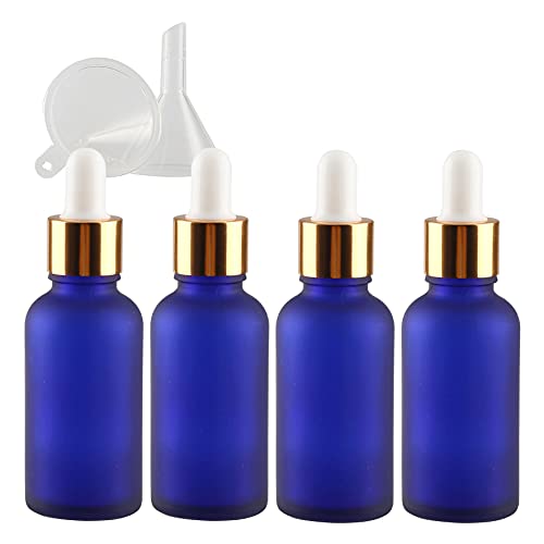 ZEOABSY 4 Stück 30ml Matt Blau Pipettenflasche Tropfpipetten mit Gold Pipettenring für Ätherisches Öl,Aromatherapie, Massage, Duftöl Probe,Make-up + 1x Trichter von ZEOABSY