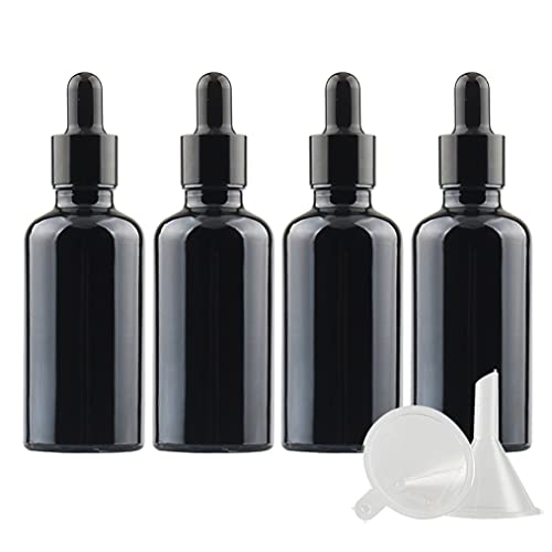 ZEOABSY 4 Stück 50ml Glänz schwarz Pipettenflasche Tropfpipetten mit Schwarz Pipettenring für Ätherisches Öl,Aromatherapie, Massage, Duftöl Probe, chemische Flüssigkeit + 1x Trichter von ZEOABSY