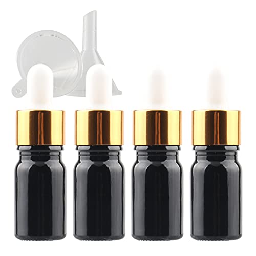 ZEOABSY 4 Stück 5ml Glänz schwarz Pipettenflasche Tropfpipetten mit Gold Pipettenring für Ätherisches Öl,Aromatherapie, Massage, Duftöl Probe, chemische Flüssigkeit + 1x Trichter von ZEOABSY