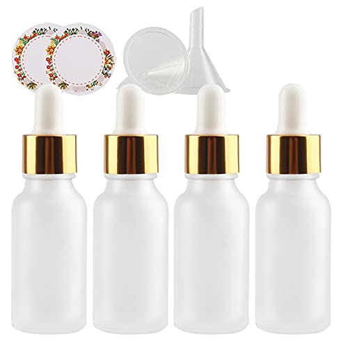 ZEOABSY 4 Stück Matt transparent Pipettenflasche mit Gold Pipettenring, 20ml Glasflasche Glaspipette Tropfpipetten für Ätherisches Öl,Aromatherapie, Massage, Duftöl Probe +Trichter von ZEOABSY