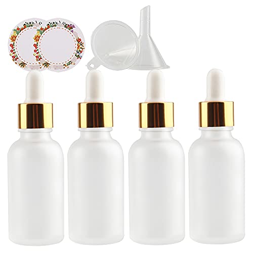 ZEOABSY 4 Stück Matt transparent Pipettenflasche mit Gold Pipettenring, 30ml Glasflasche Glaspipette Tropfpipetten für Ätherisches Öl,Aromatherapie, Massage, Duftöl Probe +Trichter von ZEOABSY