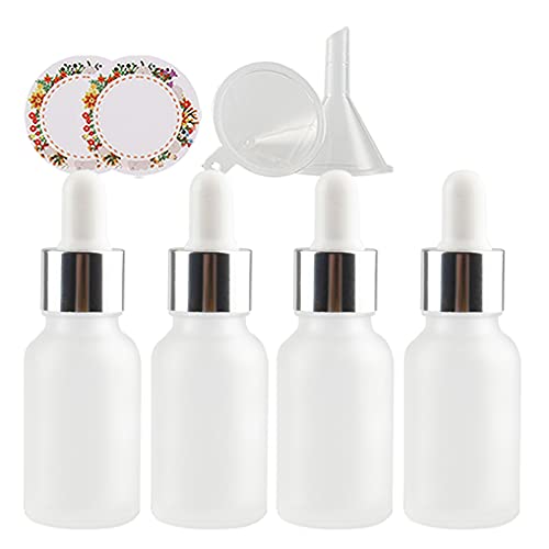 ZEOABSY 4 Stück Matt transparent Pipettenflasche mit Silber Pipettenring, 15ml Glasflasche Glaspipette Tropfpipetten für Ätherisches Öl,Aromatherapie, Massage, Duftöl Probe +Trichter von ZEOABSY