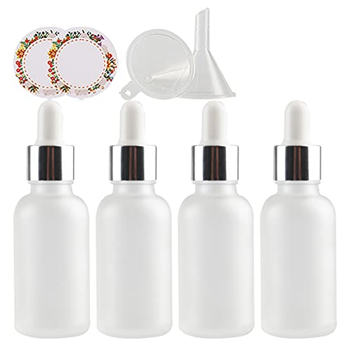 ZEOABSY 4 Stück Matt transparent Pipettenflasche mit Silber Pipettenring, 30ml Glasflasche Glaspipette Tropfpipetten für Ätherisches Öl,Aromatherapie, Massage, Duftöl Probe +Trichter von ZEOABSY