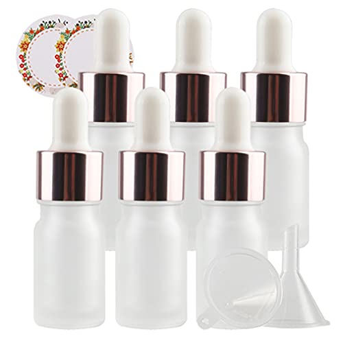 ZEOABSY 6 Stück Matt transparent Pipettenflasche mit Rosa Pipettenring, 5ML Glasflasche Glaspipette Tropfpipetten für Ätherisches Öl,Aromatherapie, Massage, Duftöl Probe +Trichter von ZEOABSY